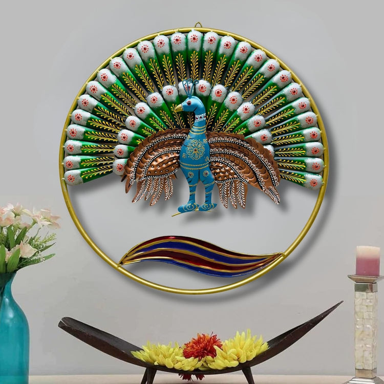 Decorative wall art of a peacock with a colorful fan on a gray wall.