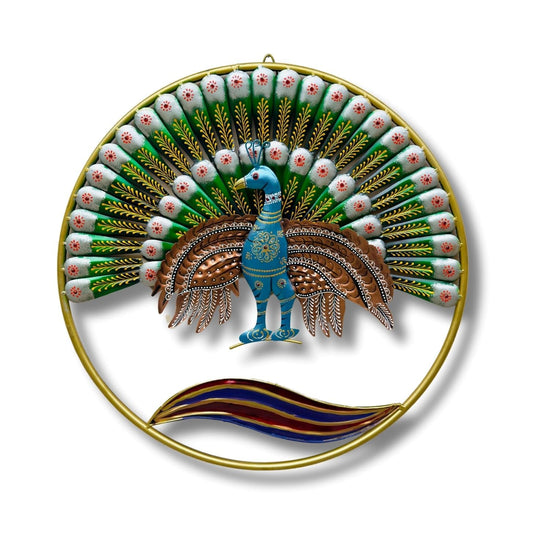 Decorative wall art with a peacock design on a white background