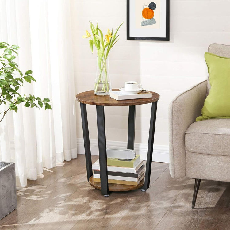 Rustic Industrial Round Side Table with Shelf-Hansart, Tables, Enhance your living space with this stylish Rustic Industrial Round Side Table. Designed with a warm wood grain finish and sturdy black metal frame, this versatile table brings a touch of industrial charm to any room. With a spacious tabletop and a convenient lower shelf, it’s perfect for holding drinks, books, plants, or decorative items. Its compact design makes it an ideal addition to your living room, bedroom, or office, serving as an end ta
