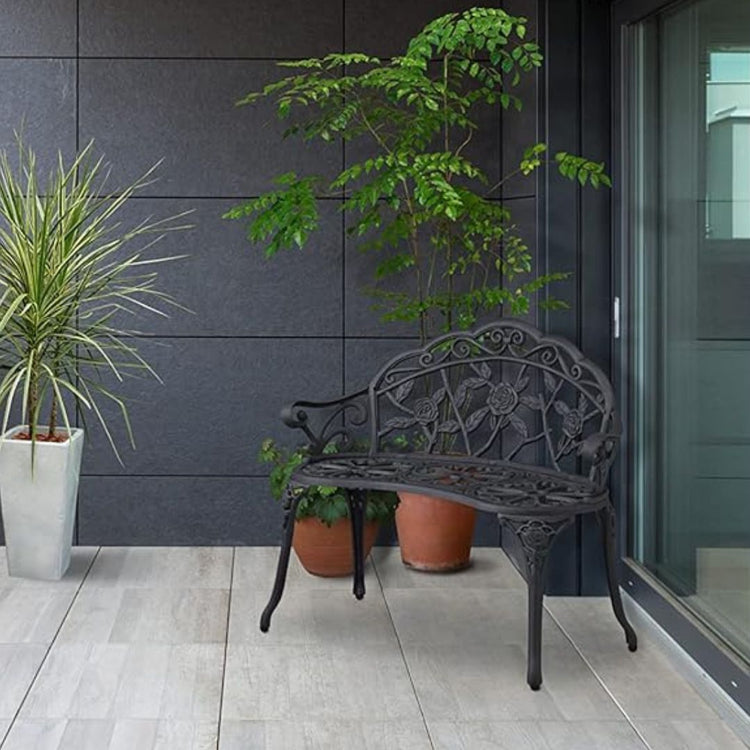 Elegant Cast Iron Garden Bench with Floral Backrest Design, HANSART, Enhance the charm of your garden or patio with this Elegant Cast Iron Garden Bench. Featuring a beautifully detailed floral backrest, this bench combines classic design with sturdy construction, making it the perfect addition to any outdoor space. Its gracefully curved armrests and legs offer both comfort and timeless elegance, inviting you to relax and enjoy nature. Ideal for gardens, patios, porches, or balconies, this bench serves as bo