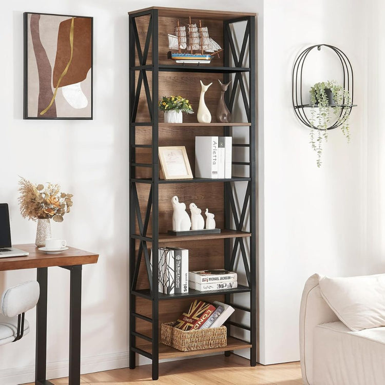 6-Tier Bookshelf with Metal Frame and Wood Shelves for Home Office and Living Room, HANSART, Maximize your vertical space and add an industrial charm to your room with this 6-Tier Industrial Bookshelf. Standing at 84 inches tall, this freestanding bookcase features a sturdy black metal frame combined with rustic wood shelves for a stylish, modern look. With five spacious tiers, it’s perfect for storing books, displaying collectibles, or organizing everyday items. Its open-back design paired with X-frame sid