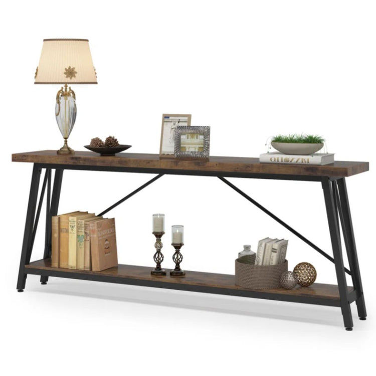 Industrial Console Table with Open Storage Shelf and Metal Frame-Hansart, Tables, Add a touch of industrial charm to your living space with the Industrial Console Table. Featuring a warm wood-grain finish paired with a sleek black metal frame, this eye-catching piece brings both style and function to your home. Whether you&