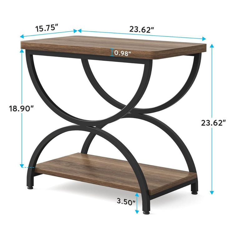 Rectangular Side Table with Storage Shelf, Wood Top and Metal Frame-Hansart, Tables, Elevate your home décor with this Modern Industrial End Table, blending functionality with bold, geometric design. Crafted with a sturdy black metal frame and rich wood grain shelves, this accent table adds a contemporary yet rustic flair to your living room, bedroom, or office. The striking curved metal supports create an eye-catching silhouette, while the two-tier shelving offers ample space for your essentials or decorat