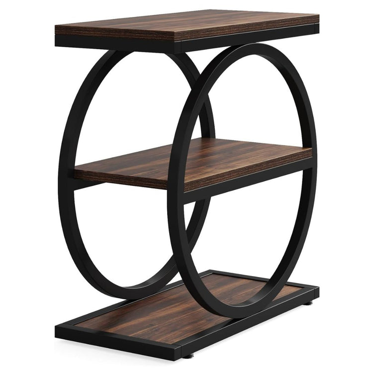 Modern Industrial Circle Frame Side Table with Storage Shelves-Hansart, Tables, Enhance your living space with this Modern Industrial Circle Frame Side Table. Featuring a unique geometric design with circular metal framing, this accent table combines rustic charm with contemporary flair. Crafted from durable engineered wood in a rich, dark brown finish and supported by a sturdy black powder-coated steel frame, it’s built to last. The table includes two spacious open shelves, ideal for displaying books, déco