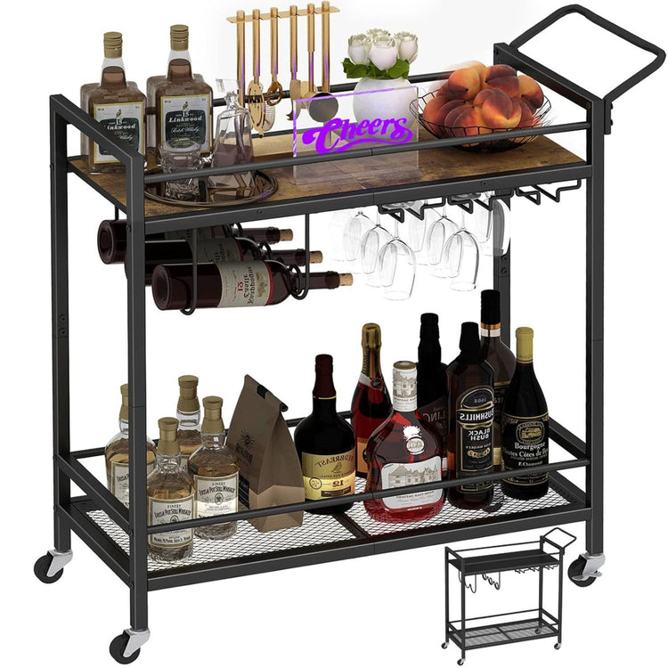 Bar cart with liquor bottles, glasses, and decor on a white background