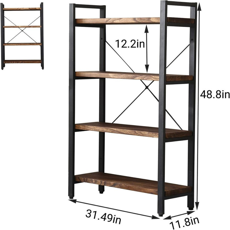 4-Tier Bookshelf with Metal Frame and Wood Shelves, HANSART, Elevate your home or office organization with this stylish 4-Tier Industrial Bookshelf. Designed with a sturdy black metal frame and rustic wood shelves, this freestanding shelving unit offers both durability and charm. Perfect for displaying books, plants, décor, or office supplies, its compact footprint makes it ideal for small spaces while still providing generous storage. The open design and crossbar support add an industrial flair, blending s
