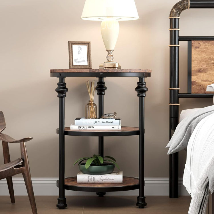 Rustic Round End Table with 3-Tier Storage and Metal Frame-Hansart, Tables, Add a touch of vintage charm and practical storage to your space with this Vintage Industrial Round Nightstand with 3-Tier Storage Shelves. Crafted with a sturdy black metal frame and rustic brown wood surfaces, this end table blends industrial style with farmhouse warmth. Its three-tier round design provides ample space for organizing your essentials, whether it’s in the bedroom as a nightstand or in the living room as a side table
