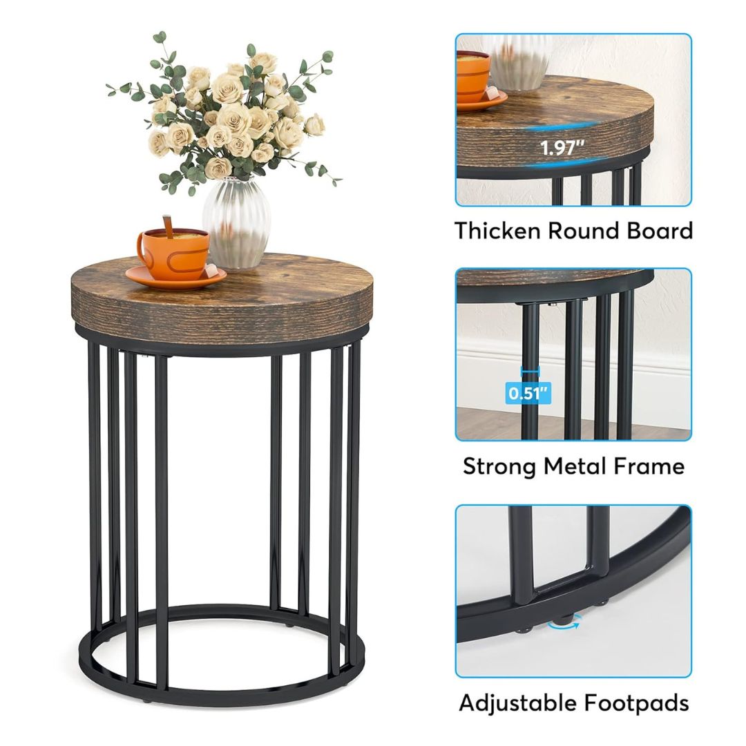 Round Industrial Side Table with Rustic Wood Top and Metal Base-Hansart, Tables, Bring modern industrial flair to your space with this Round Side Table featuring a Wood Top and Metal Frame. Designed with a minimalist aesthetic, this stylish end table combines a rich, rustic wood-grain finish with a sleek black metal base. Its clean, open-frame structure adds a contemporary touch, making it a versatile piece for living rooms, bedrooms, offices, or reading nooks. The sturdy metal frame provides stability, whi