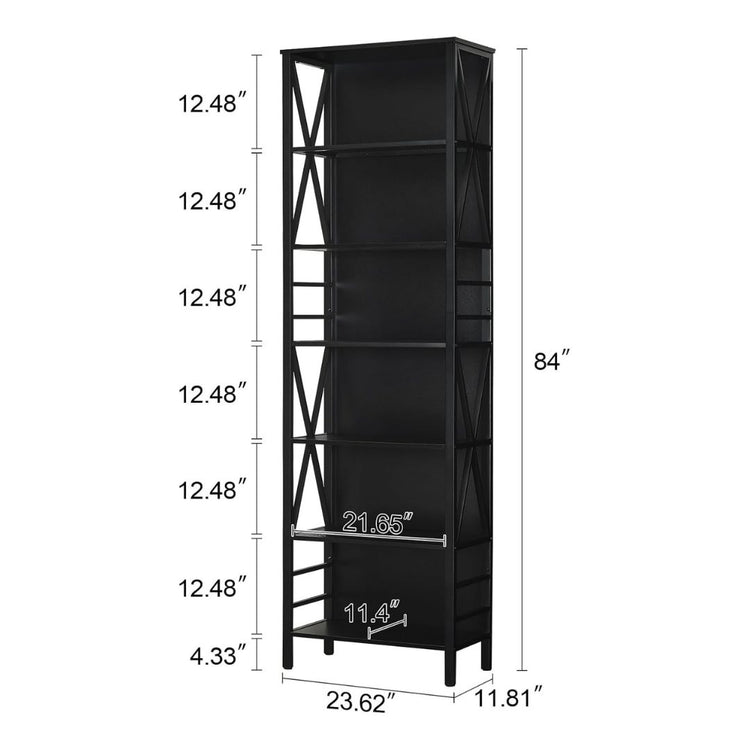 Industrial Bookshelf with Black Metal Frame – Modern Open Display Shelf for Living Room, HANSART, Add a modern industrial touch to your living space with this Tall 5-Tier Metal Frame Bookshelf. Standing at 84 inches tall, this open display shelf features a sleek black design with a durable metal frame and spacious shelves. Its minimalist yet functional design makes it an ideal storage solution for your home office, living room, bedroom, or study. Whether you need a stylish spot for books, decor, plants, or