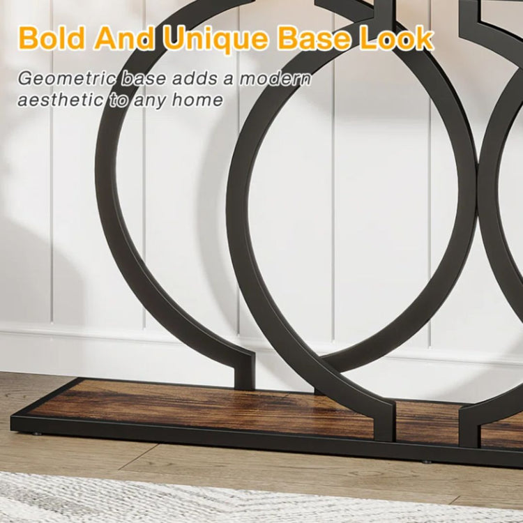 Modern Console Table with Geometric Circle Base in Rustic Brown and Black-Hansart, Tables, Add a touch of industrial charm to your living space with the Industrial Console Table. Featuring a warm wood-grain finish paired with a sleek black metal frame, this eye-catching piece brings both style and function to your home. Whether you&