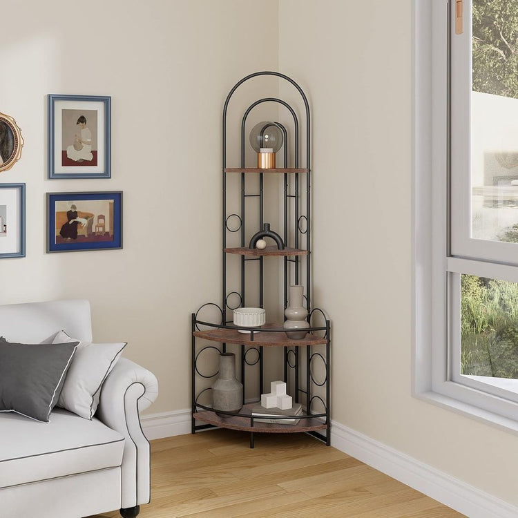 4-Tier Metal Corner Shelf with Rustic Wood Shelves for Home Decor, HANSART, Maximize your space with this 59-Inch Tall Modern Industrial Corner Shelf Unit, a perfect combination of form and function. Designed to fit snugly into any corner, this 5-tier shelving unit features a sturdy metal frame with an elegant black finish and rich wooden shelves. The arched top and circular accents give it a contemporary look that complements both modern and industrial décor styles. With its varying shelf widths, this unit