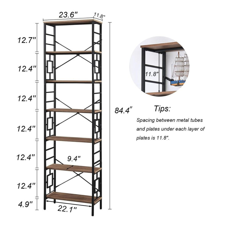Industrial 7-Tier Bookshelf with Wood Shelves and Metal Frame, HANSART, Add a touch of industrial charm and practical storage to your space with this Industrial 7-Tier Metal and Wood Tall Bookshelf. Standing tall at 84.4 inches, this open shelving unit blends sturdy black metal framing with rustic wood shelves, creating a versatile piece perfect for home offices, living rooms, or studies. The unique geometric side panels add a modern flair, while the open-back design ensures an airy feel, making it a stylis