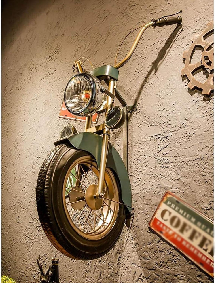 HANSART, Bring a bold and nostalgic touch to your space with this Vintage Motorcycle Front Wall Decor. Designed to replicate the front of a classic motorcycle, this unique wall art piece features realistic details including a metal handlebar, headlight, and tire. The industrial retro finish and authentic styling make it a perfect statement piece for garages, cafes, man caves, or any space in need of a rugged, adventurous vibe.