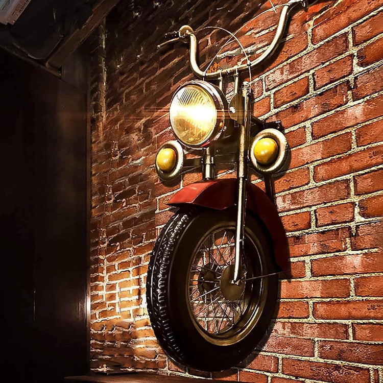 HANSART, Bring a bold and nostalgic touch to your space with this Vintage Motorcycle Front Wall Decor. Designed to replicate the front of a classic motorcycle, this unique wall art piece features realistic details including a metal handlebar, headlight, and tire. The industrial retro finish and authentic styling make it a perfect statement piece for garages, cafes, man caves, or any space in need of a rugged, adventurous vibe.