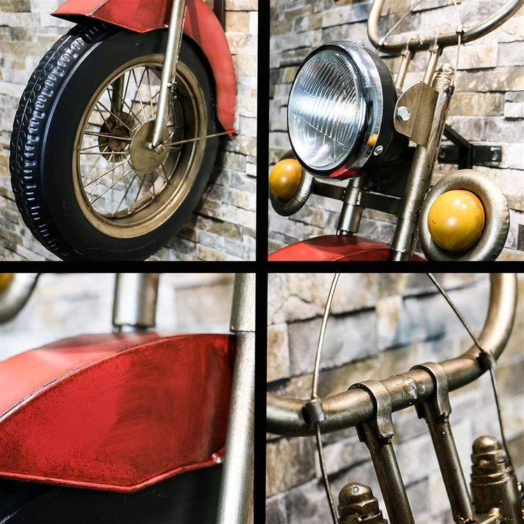 HANSART, Bring a bold and nostalgic touch to your space with this Vintage Motorcycle Front Wall Decor. Designed to replicate the front of a classic motorcycle, this unique wall art piece features realistic details including a metal handlebar, headlight, and tire. The industrial retro finish and authentic styling make it a perfect statement piece for garages, cafes, man caves, or any space in need of a rugged, adventurous vibe.