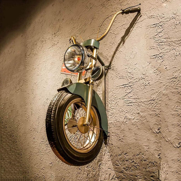 HANSART, Bring a bold and nostalgic touch to your space with this Vintage Motorcycle Front Wall Decor. Designed to replicate the front of a classic motorcycle, this unique wall art piece features realistic details including a metal handlebar, headlight, and tire. The industrial retro finish and authentic styling make it a perfect statement piece for garages, cafes, man caves, or any space in need of a rugged, adventurous vibe.