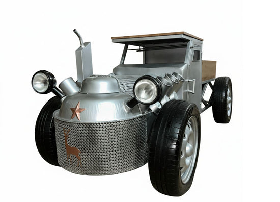 Metallic model car with a unique design on a white background