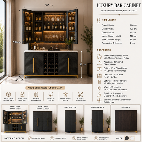 Modern Black Bar Cabinet with Marble Top and Glass Holders