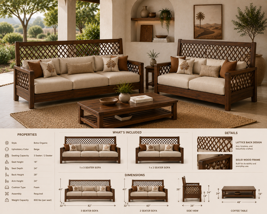 Lattice Back Wooden Sofa Set
