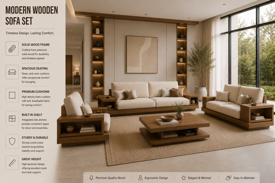 Modern wooden sofa set in a living room with a large window.