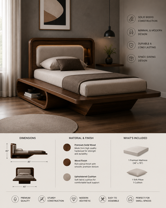 Modern Single Bed with Storage Shelf & Cushion Headboard
