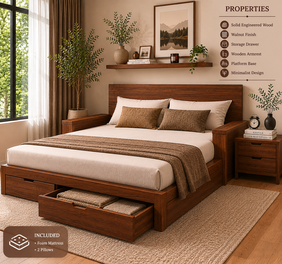 Modern Wooden Double Bed with Storage Drawers & Armrest