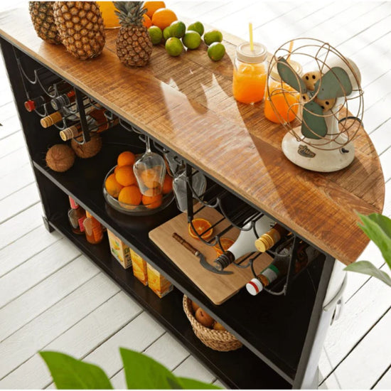 Wooden Top bar counter with Metal shelves for storage