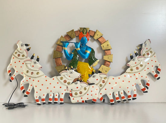 Elegant design of Radhe Krishna Metal Wall Art with flute