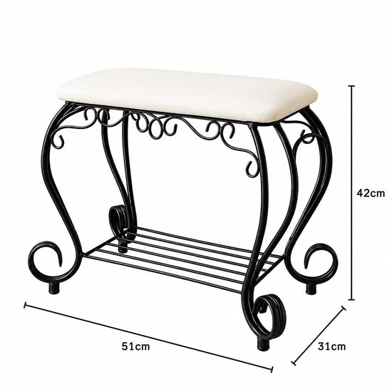 Vintage black Metal Vanity Bench - Padded White Entryway Shoe Stool