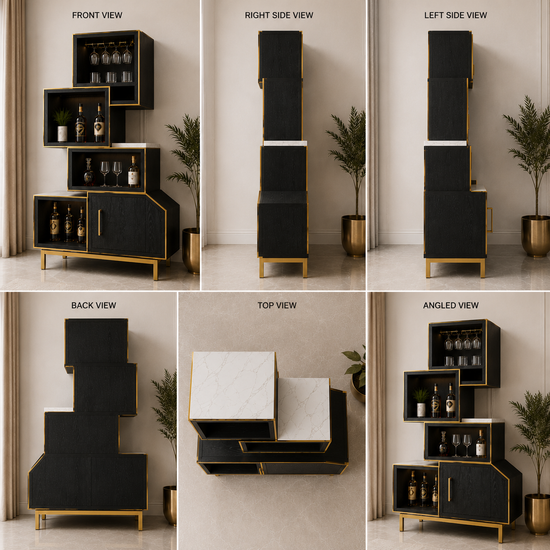 Modern Corner Liquor Cabinet with Glass Holder, Hidden Storage & Gold Frame
