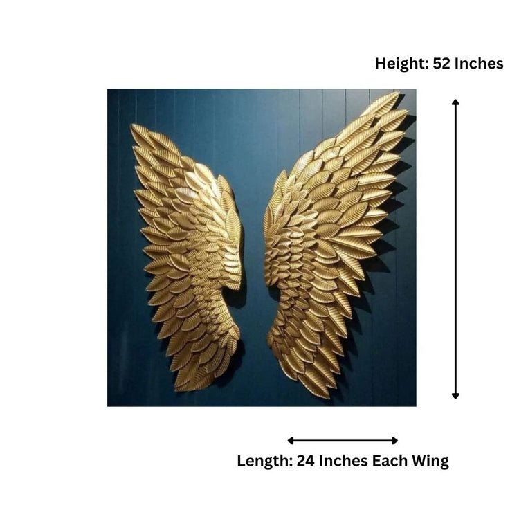 Angel Wings Metal Wall Art-Made of Premium-Quality Iron Metal Anti-rust powder coating used for long lasting finish Comes as a pair Approx Size mentioned for each wing - 48 Inches Height; 18 Inches Width Hanging Mechanism included Caring Instructions: Convenient Cleaning With Dry Cloth Perfect for your living room, bedroom, hall, office reception, guest room, and hotel reception The product is packed by professionals for safe delivery Designed to make your home look complete