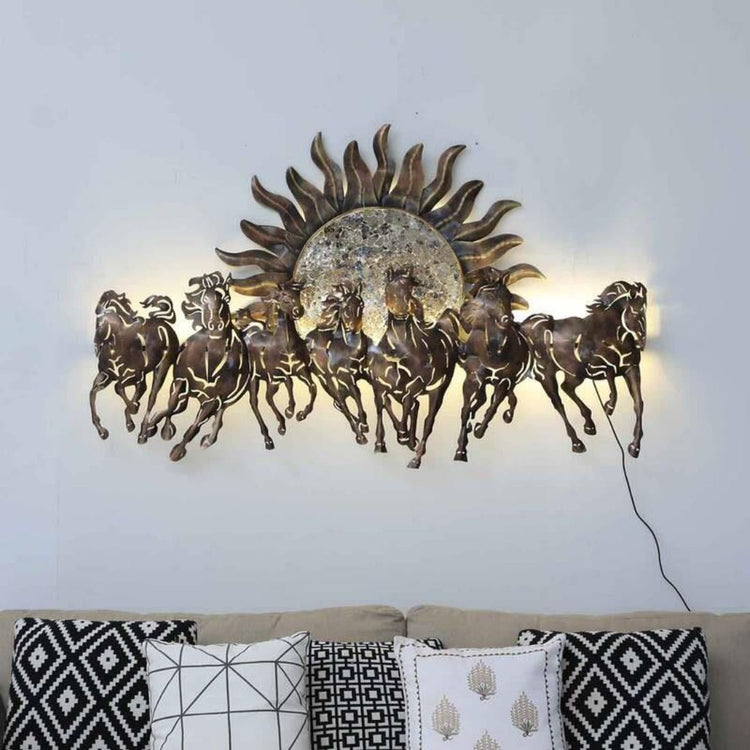 Hansart Special 7 Horses with Sun Metal Wall Art (55 x 34 Inches)-Home Decoration-Hansart-Metal Wall Decor by Hansart Horses wall decor with led lighting Made of Premium-Quality Iron Metal Perfect for your living room, bedroom, hall, office reception, guest room, and hotel reception The product is packed by professionals for safe delivery Designed to make your home look complete "Hansart Made In India because India itself is an art".