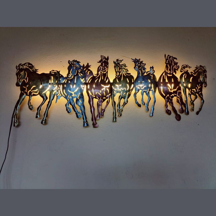 Metal Wall Decor by Hansart Total Wall Coverage Area: 42 x 17 Inches Made Of Mild Steel, Powder Coated Decorated by Spray and Handbrush paint Hanging Mechanism included Horse wall decor with led lighting Perfect for your living room, bedroom, hall, office reception, guest room, and hotel reception The product is packed by professionals for safe delivery Designed to make your home look complete "Hansart Made In India because India itself is an art".
