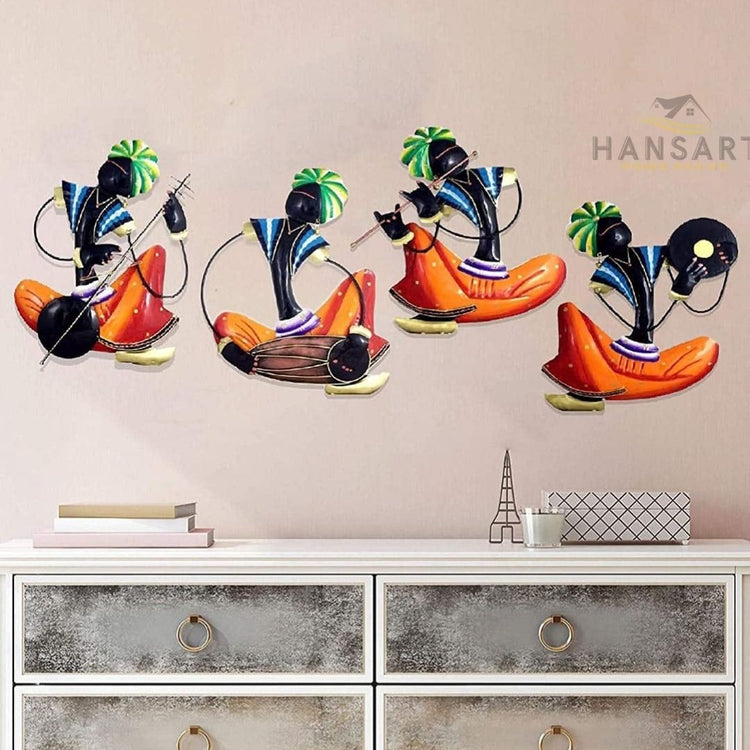 Musician Set of 4 Rural Art for Guest Room. Traditional Wall Decor by Hansart Total Wall Coverage Area: (15 x 7 Inches) High Quality Metallic Construction Hanging Mechanism included Perfect for your living room, bedroom, hall, office reception, guest room, and hotel reception The product is packed by professionals for safe delivery Designed to make your home look complete "Hansart Made In India because India itself is an art".