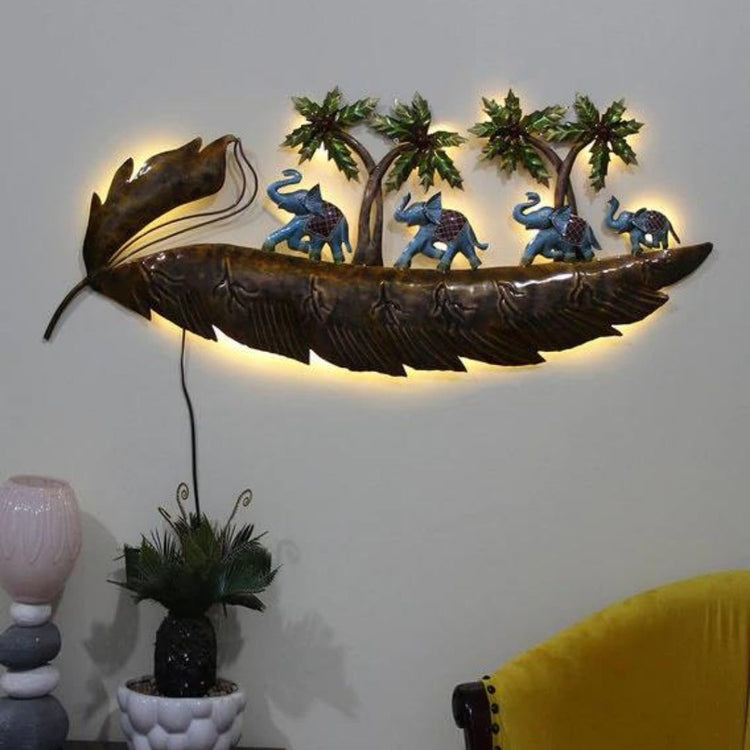 Elephant Family Wall Décor in Forest with LED (51 x 22 Inches)-Home Decoration-Hansart-Wildlife Metal Wall Decor by Hansart-Made of Premium-Quality Iron Metal-Perfect for your living room, bedroom, hall, office reception, guest room, and hotel reception-The product is packed by professionals for safe delivery-Designed to make your home look complete-"Hansart Made In India because India itself is an art".