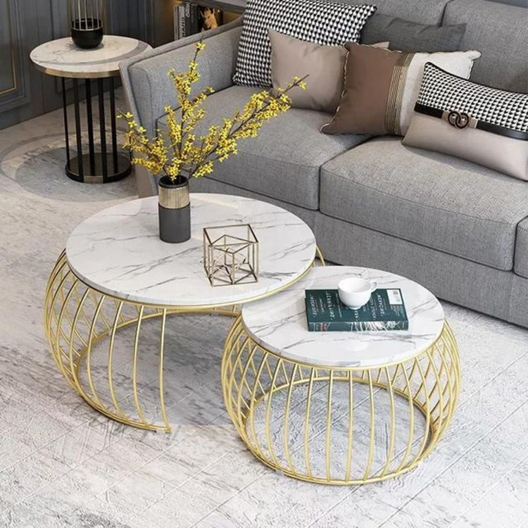 Round White Marble Coffee Table with Gold plating for Guest Room-Hansart, Tables, Designer Tables by Hans Art Specifications: Large-Top: 18x18 In, Height: 18 In Small-Top: 16x16 In, Height: 16 In Marble Top Table and Metal body base (Rust Free) Premium Quality Metal Construction Hand Crafted Tables Best for your living room, drawing room, guest room, hall and reception The product is packed by professionals for safe delivery Designed to make your home look complete "Hansart Made In India"