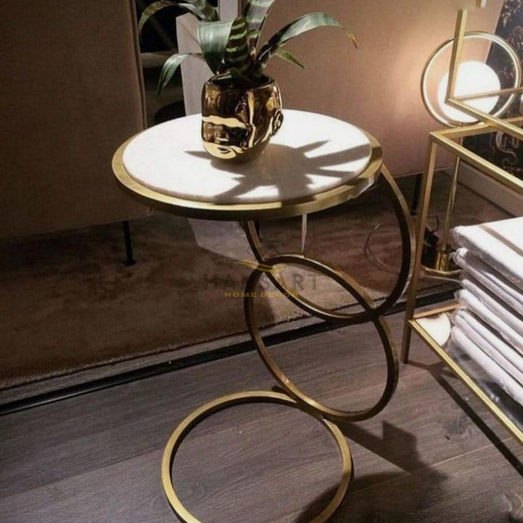 Round Marble Top with Rings Accent Table-Hansart, Tables, Designer Tables by Hans Art Specifications: Top: 14 x 14 Inches, Height: 22 Inches Marble Top Table and Metal body base (Rust Free) Premium Quality Metal Construction Hand Crafted Tables Best for your living room, drawing room, guest room, hall and reception The product is packed by professionals for safe delivery Designed to make your home look complete "Hansart Made In India"