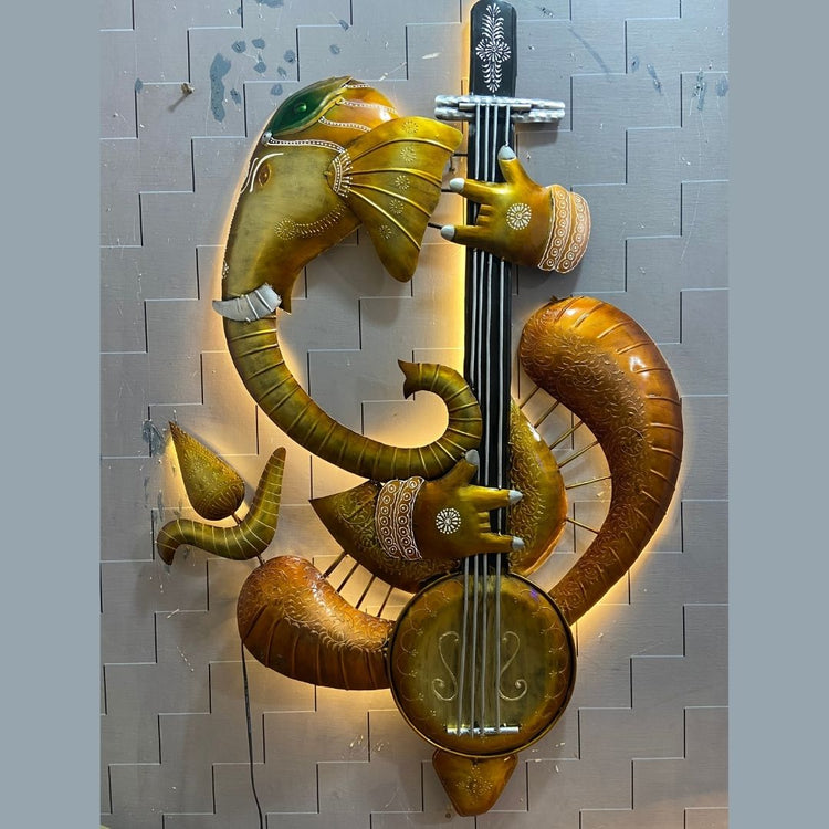 Ganeshji Playing Sitar Metal Wall Art for Living Room (36x53 Inches)-Naren Impex-Hans Art-Metallic Traditional Wall Decor by Hansart-Made of Premium-Quality Iron Metal Perfect for your living room, bedroom, hall, office reception, guest room, and hotel reception-The product is packed by professionals for safe delivery-Designed to make your home look complete-"Hansart Made In India because India itself is an art".