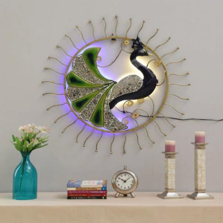 Metal Peacock Wall Art Emitting From The Sun (32 x 32 Inches)-Home Decoration-Hansart-Peacock Wall Decor by Hansart Wall Decor with LED Lights Made of Premium-Quality Iron Metal Perfect for your living room, bedroom, hall, office reception, guest room, and hotel reception The product is packed by professionals for safe delivery Designed to make your home look complete "Hansart Made In India because India itself is an art".