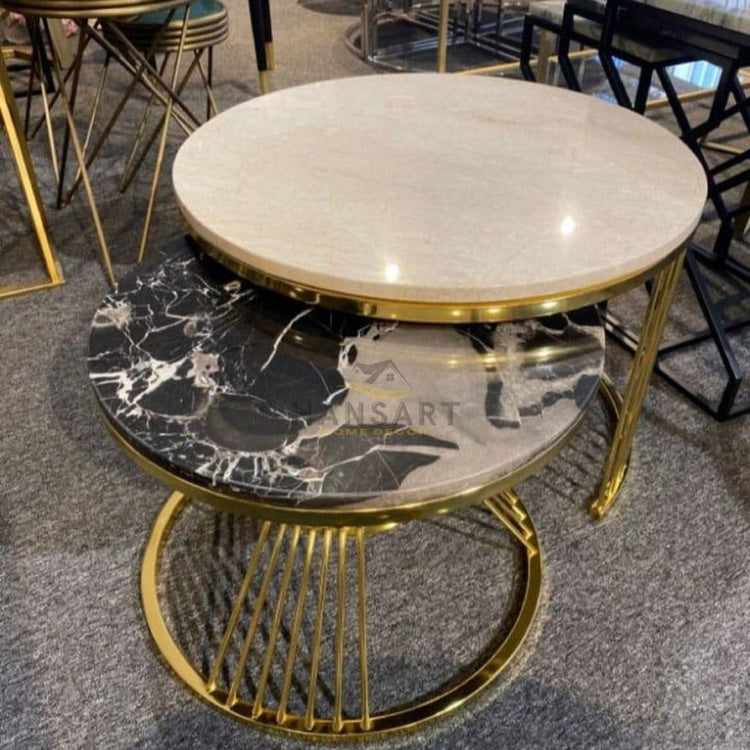 Round Top Golden Framed Accent Table Set of 2-Hansart, Tables, Designer Tables by Hans Art Specifications: Large-Top: 22 x 22 Inches, Height: 20 Inches, Small-Top:18 x 18 Inches, Height: 18 Inches The top of the product is made of laminate material on MDF. Metal body base (Rust Free) Premium Quality Metal Construction Hand Crafted Tables Best for your living room, drawing room, guest room, hall and reception The product is packed by professionals for safe delivery Designed to make your home look complete "H