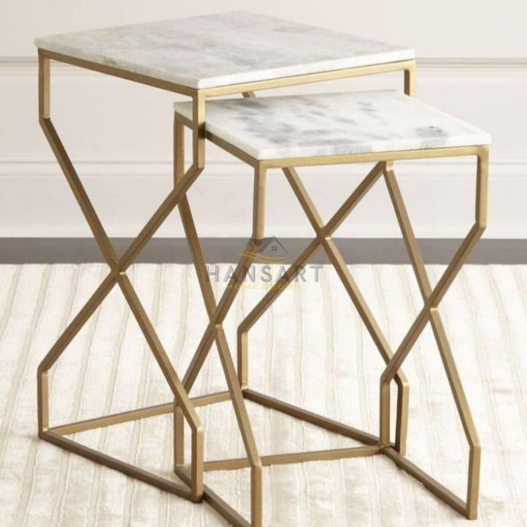 Set of 2 White Marble Top Table for Living Room-Hansart, Tables, Designer Tables by Hans Art Specifications: Large-Top: 16 x 16 Inches, Height: 24 Inches, Small-Top: 14 x 14 Inches, Height: 20 Inches Marble Top Table and Metal body base (Rust Free) Premium Quality Metal Construction Hand Crafted Tables Best for your living room, drawing room, guest room, hall and reception The product is packed by professionals for safe delivery Designed to make your home look complete "Hansart Made In India"