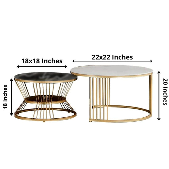 Round Top Golden Framed Accent Table Set of 2-Hansart, Tables, Designer Tables by Hans Art Specifications: Large-Top: 22 x 22 Inches, Height: 20 Inches, Small-Top:18 x 18 Inches, Height: 18 Inches The top of the product is made of laminate material on MDF. Metal body base (Rust Free) Premium Quality Metal Construction Hand Crafted Tables Best for your living room, drawing room, guest room, hall and reception The product is packed by professionals for safe delivery Designed to make your home look complete "H