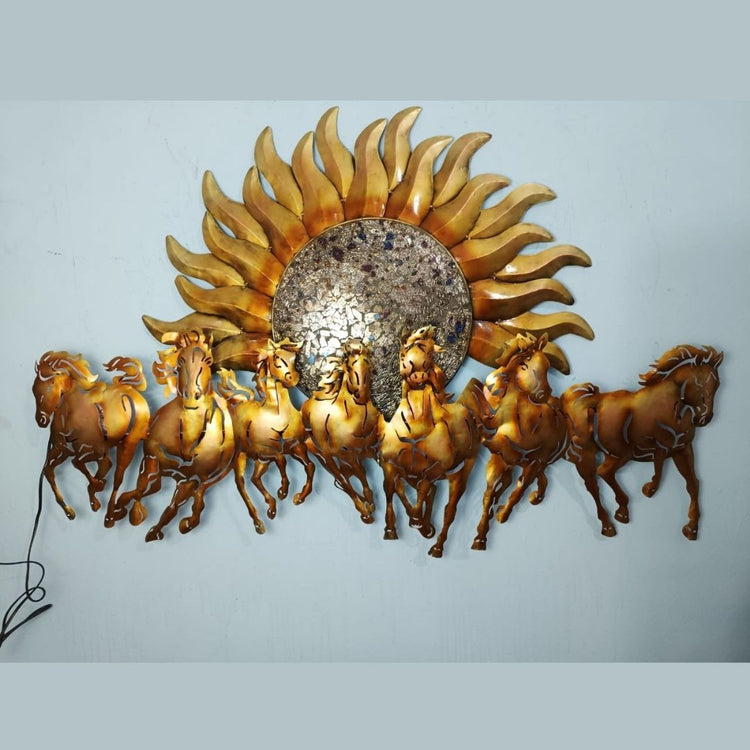 Beautifully crafted from premium-quality iron metal, this exquisite metal wall art features an elegant design of 7 horses with a sun in the center. This eye-catching piece is sure to bring a unique, stylish touch to any wall. Experience the beauty and power of 7 horses galloping in the sun with our stunning wall art. Crafted with anti-rust powder coating, this piece of art will remain vibrant and beautiful for years to come. Enjoy 42 x 27 inches of majestic elegance in your home