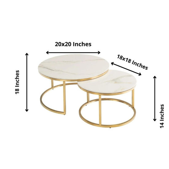 White Marble Round Nesting Coffee Table - Set of 2-Hansart, Tables, Designer Tables by Hans Art Specifications: Large-Top: 20 x 20 Inches, Height:16 Inches Small-Top:18 x 18 Inches, Height: 14 Inches The top of the product is made of laminate material on MDF. Metal body base (Rust Free) Premium Quality Metal Construction Hand Crafted Tables Best for your living room, drawing room, guest room, hall and reception The product is packed by professionals for safe delivery Designed to make your home look complete