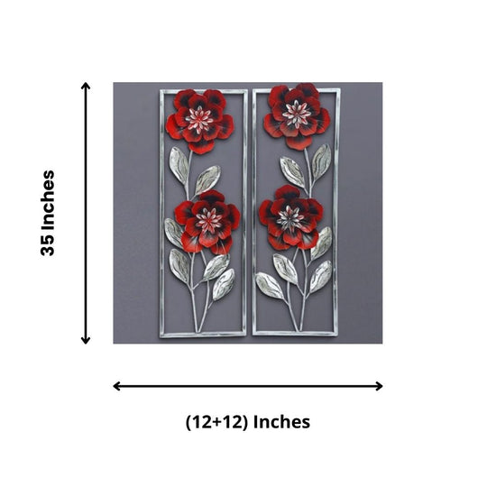 Beautiful Red Floral Wall Décor for Living Room (12 x 35 Inches Each Panel)-Home Decoration-Hansart-Metallic Nature Wall Decor by Hansart-Made of Premium-Quality Iron Metal Perfect for your living room, bedroom, hall, office reception, guest room, and hotel reception-The product is packed by professionals for safe delivery-Designed to make your home look complete-"Hansart Made In India because India itself is an art".