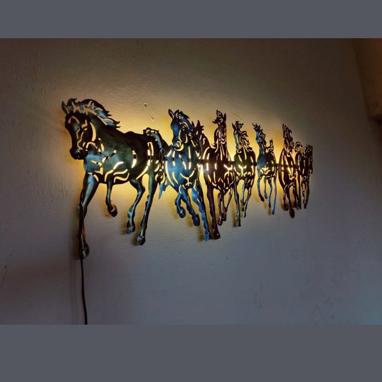 Metal Wall Decor by Hansart Total Wall Coverage Area: 42 x 17 Inches Made Of Mild Steel, Powder Coated Decorated by Spray and Handbrush paint Hanging Mechanism included Horse wall decor with led lighting Perfect for your living room, bedroom, hall, office reception, guest room, and hotel reception The product is packed by professionals for safe delivery Designed to make your home look complete "Hansart Made In India because India itself is an art".