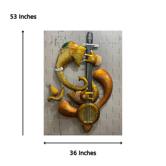 Ganeshji Playing Sitar Metal Wall Art for Living Room (36x53 Inches)-Naren Impex-Hans Art-Metallic Traditional Wall Decor by Hansart-Made of Premium-Quality Iron Metal Perfect for your living room, bedroom, hall, office reception, guest room, and hotel reception-The product is packed by professionals for safe delivery-Designed to make your home look complete-"Hansart Made In India because India itself is an art".