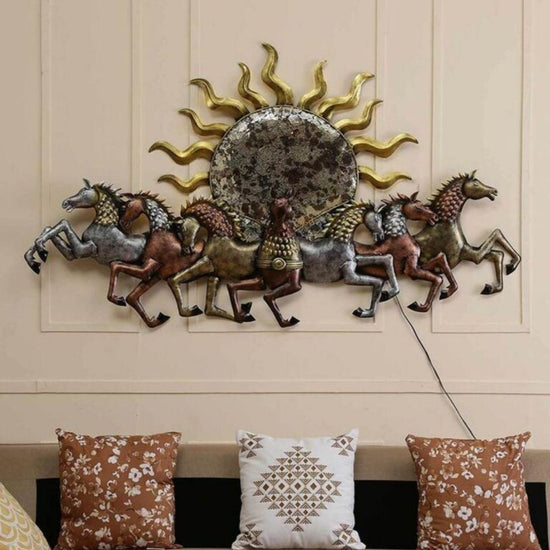 7 Horses With Sun Metal Wall Art-Made of High-Quality Iron Metal Anti-rust powder coating used Hanging Mechanism included Horse wall decor with led lighting Perfect for your living room, bedroom, hall, office reception, guest room, and hotel reception The product is packed by professionals for safe delivery Designed to make your home look complete Total Wall Coverage Area: 57 x 33 Inches