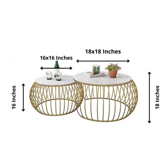 Round White Marble Coffee Table with Gold plating for Guest Room-Hansart, Tables, Designer Tables by Hans Art Specifications: Large-Top: 18x18 In, Height: 18 In Small-Top: 16x16 In, Height: 16 In Marble Top Table and Metal body base (Rust Free) Premium Quality Metal Construction Hand Crafted Tables Best for your living room, drawing room, guest room, hall and reception The product is packed by professionals for safe delivery Designed to make your home look complete "Hansart Made In India"