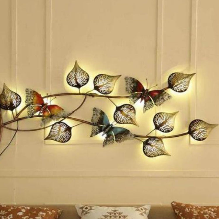 3 Multicolor Butterfly on Leaves With LED Lights (42 x 22.5 Inches)-Home Decoration-Hansart-Wildlife Metal Wall Decor by Hansart-Made of Premium-Quality Iron Metal-Perfect for your living room, bedroom, hall, office reception, guest room, and hotel reception-The product is packed by professionals for safe delivery-Designed to make your home look complete-"Hansart Made In India because India itself is an art".